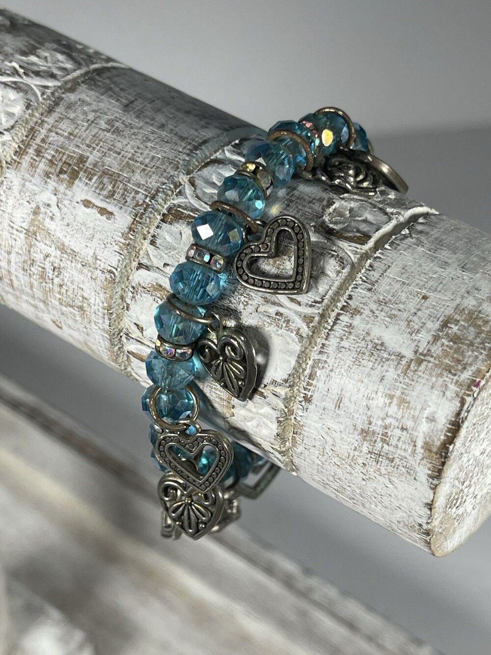Vintage Light Blue Crystal Charm Bracelet Silvertone Hearts Roses 3/4 oz 7.5"